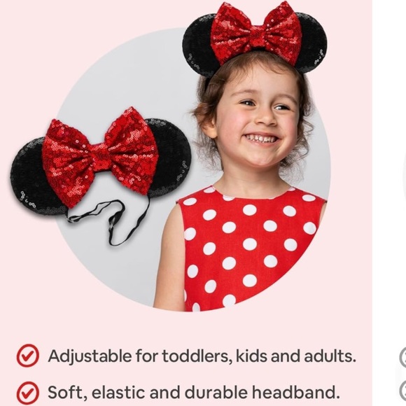 💎2/$22~Disney Inspired Pink/Black Sequin Minnie Mouse Ears Stretch Headband~OS - Picture 4 of 10